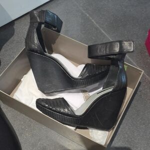 BCBG Black Textured Wedge Sandals